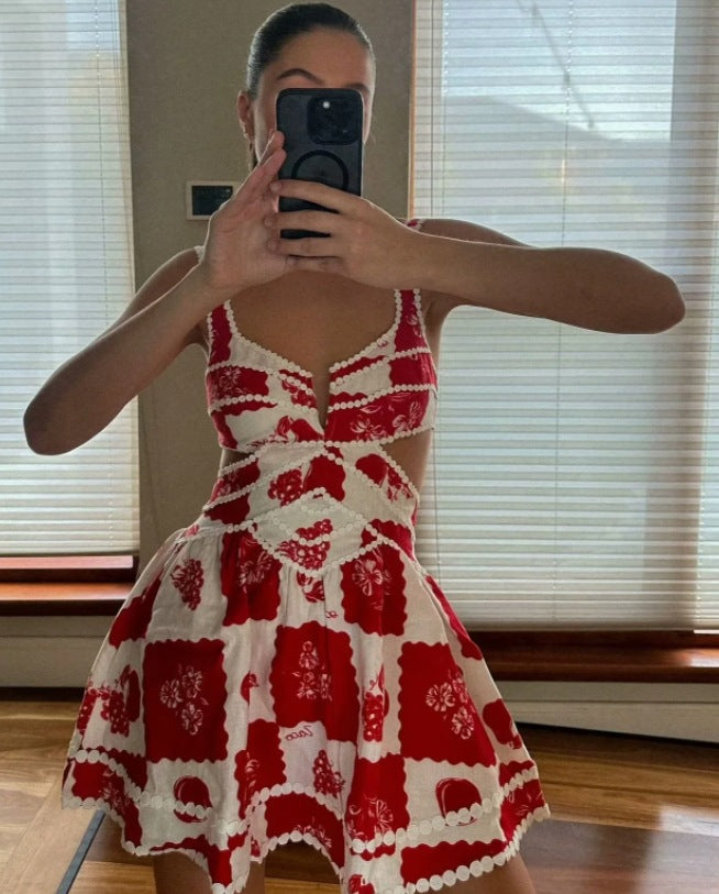 Red and White Printed Cut-Out Dress