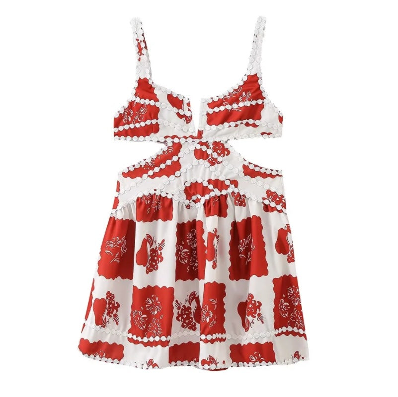 Red and White Printed Cut-Out Dress