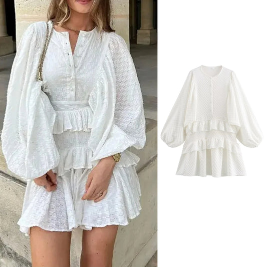 White Long Sleeve Ruffle Dress