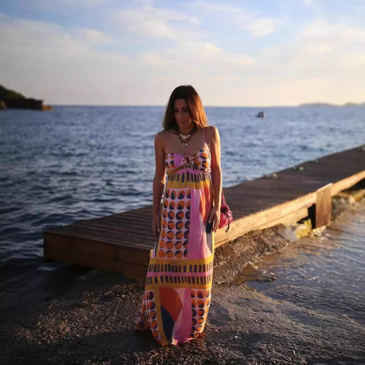 Pink Printed Halter Neck Maxi Dress