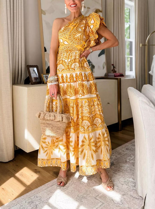 Boho Printed One Shoulder Maxi Dress