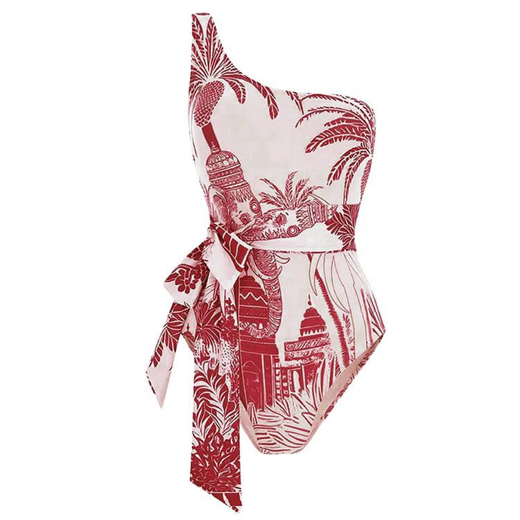 One Shoulder Palm Print Swimsuit