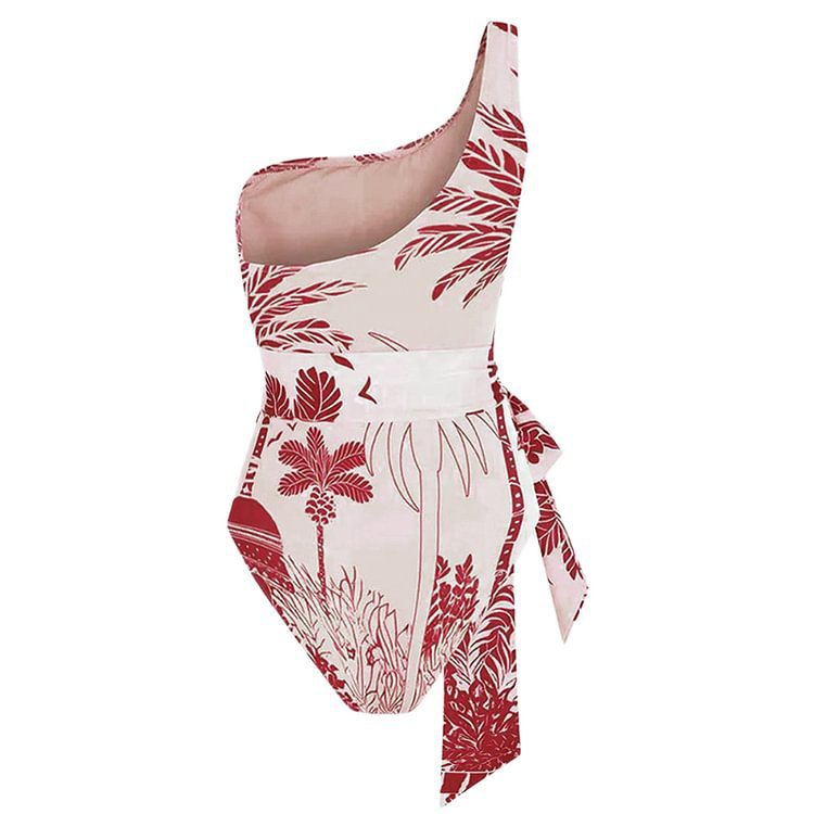 One Shoulder Palm Print Swimsuit