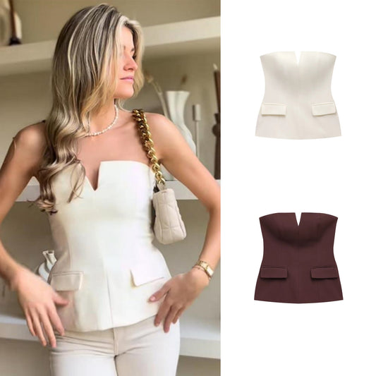 Tailored Strapless Top with Faux Flap Pockets