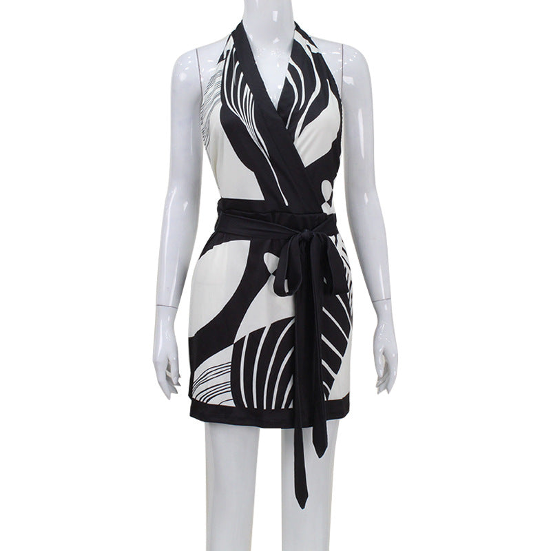 Black and White Belted Halter Neck Dress