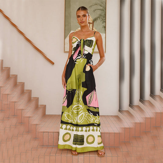 Green Boho Printed Cut-Out Jumpsuit
