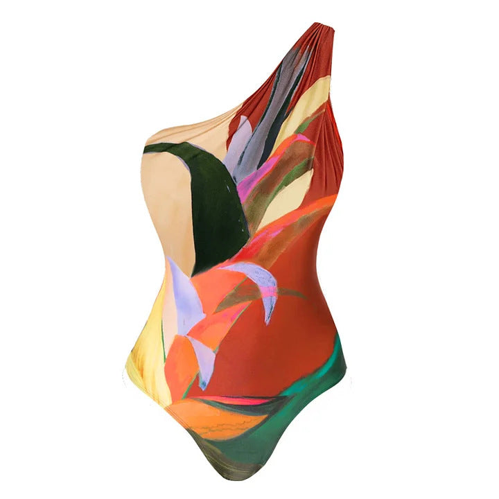 One Shoulder Tropical Print Swimsuit