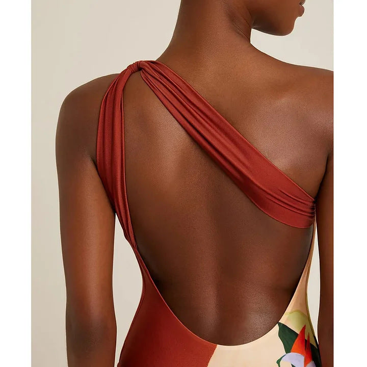 One Shoulder Tropical Print Swimsuit