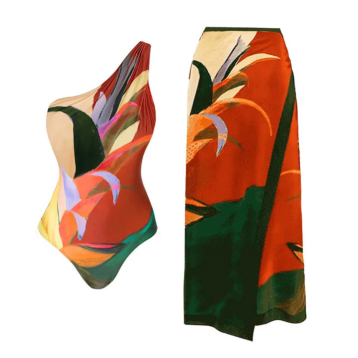 One Shoulder Tropical Print Swimsuit