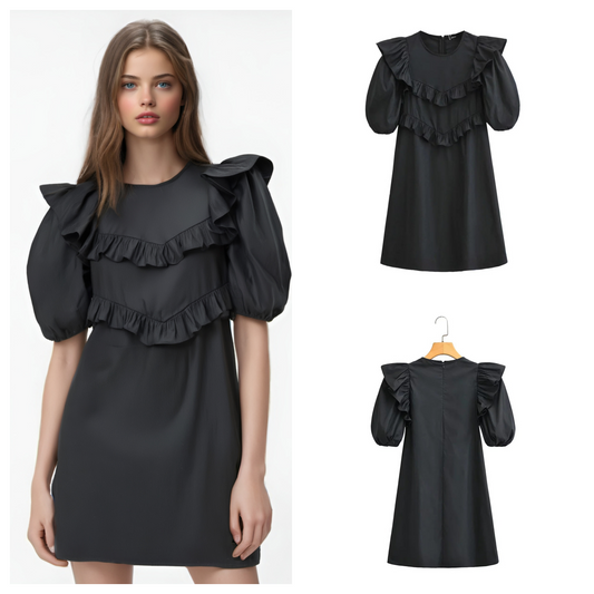 Puff Sleeve Ruffle Tier Mini Dress