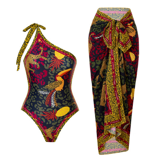 One Shoulder Leopard Print Swimsuit with Cover-Up