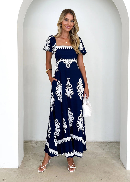 Navy Blue and White Printed Maxi Dress