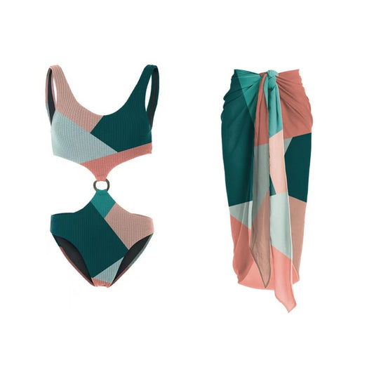Pink and Green Abstract Print Cut-Out Monokini