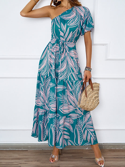 Tropical Print One Shoulder Maxi Dress