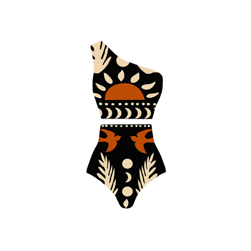 Black and Brown Tropical Printed One Shoulder Bikini