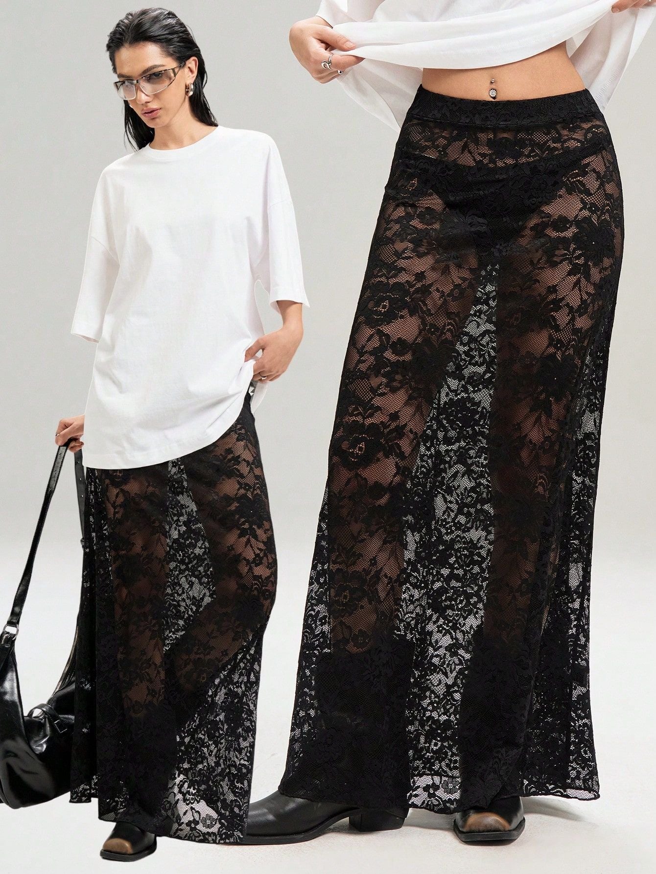 Black Sheer Lace Maxi Skirt