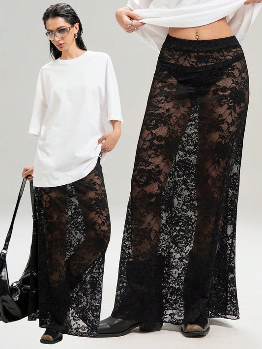 Black Sheer Lace Maxi Skirt