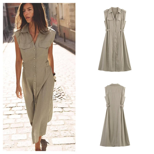 Utility-Chic Sleeveless Shirt Dress