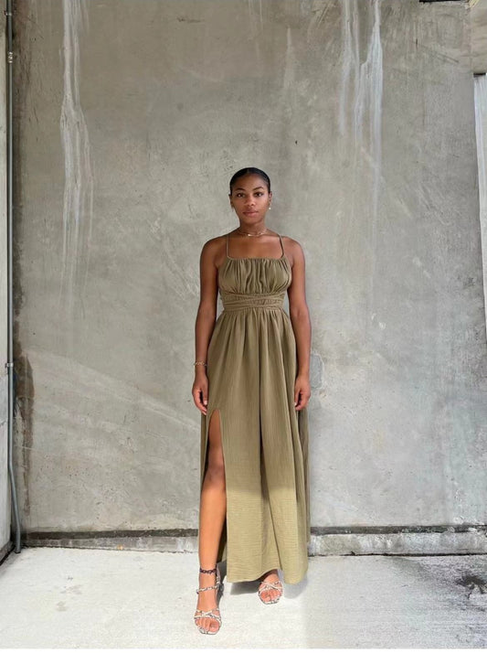 Khaki Tie-Up Maxi Dress