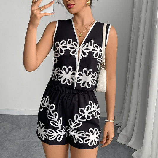 Midnight Bloom Black and White Floral Printed Shorts Set