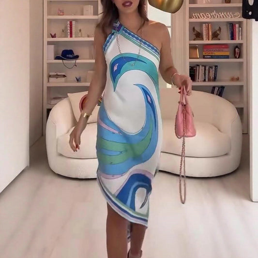 Aqua Printed One Shoulder Midi Dress