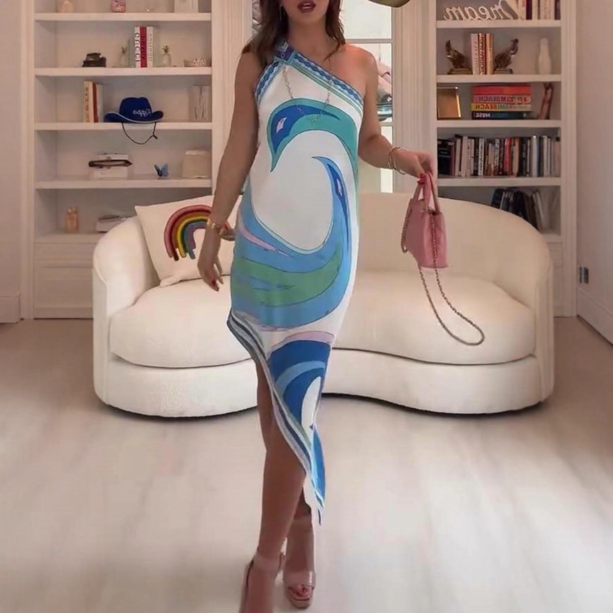 Aqua Printed One Shoulder Midi Dress