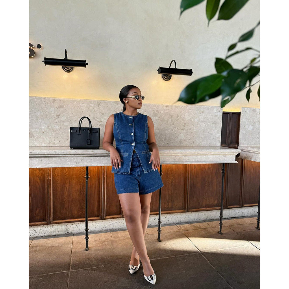 Sleeveless Denim Shorts Set