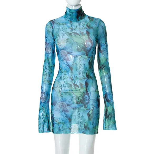 Blue Abstract Print Long Sleeve Dress