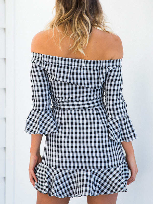 Black and White Gingham Off Shoulder Dress