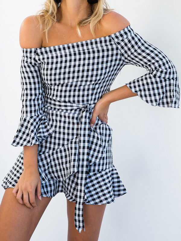 Black and White Gingham Off Shoulder Dress