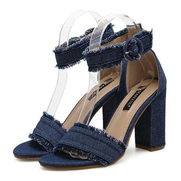 Raw Trim Ankle Strap Denim Block Heels