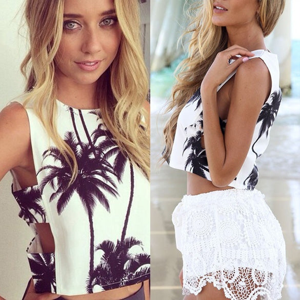 Palm Tree Print Cut-Out Crop Top