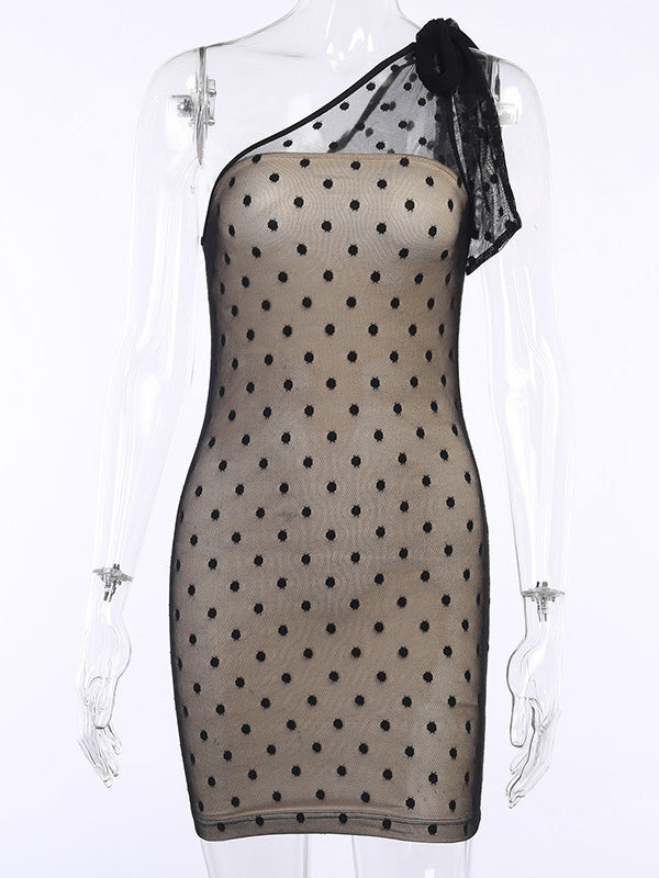 One Shoulder Sheer Contrast Polka Dot Dress