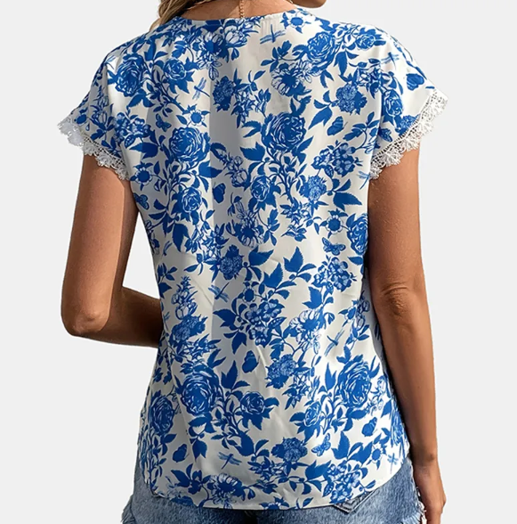 Blue and White Floral Top