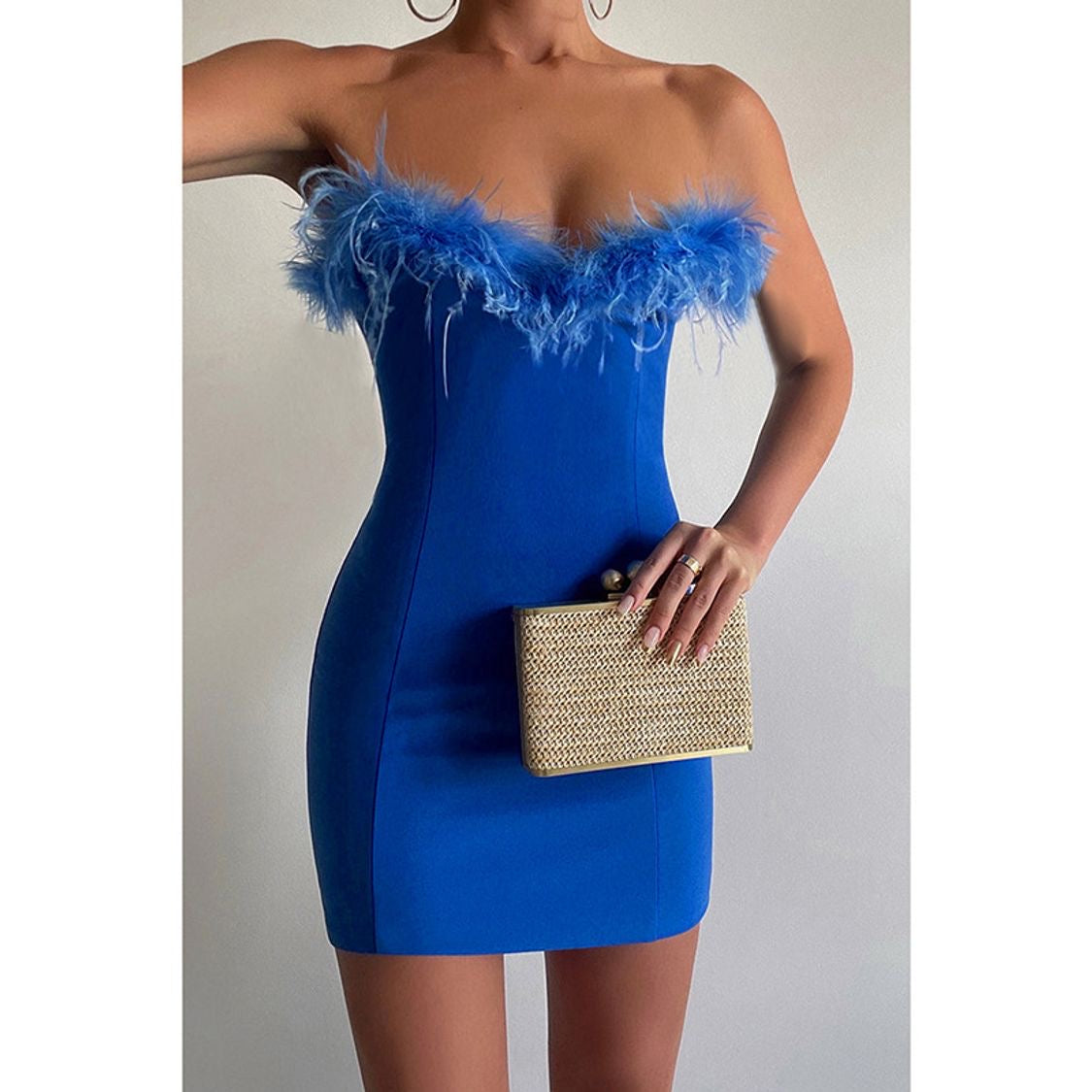 Feather Trim Strapless Bodycon Dress